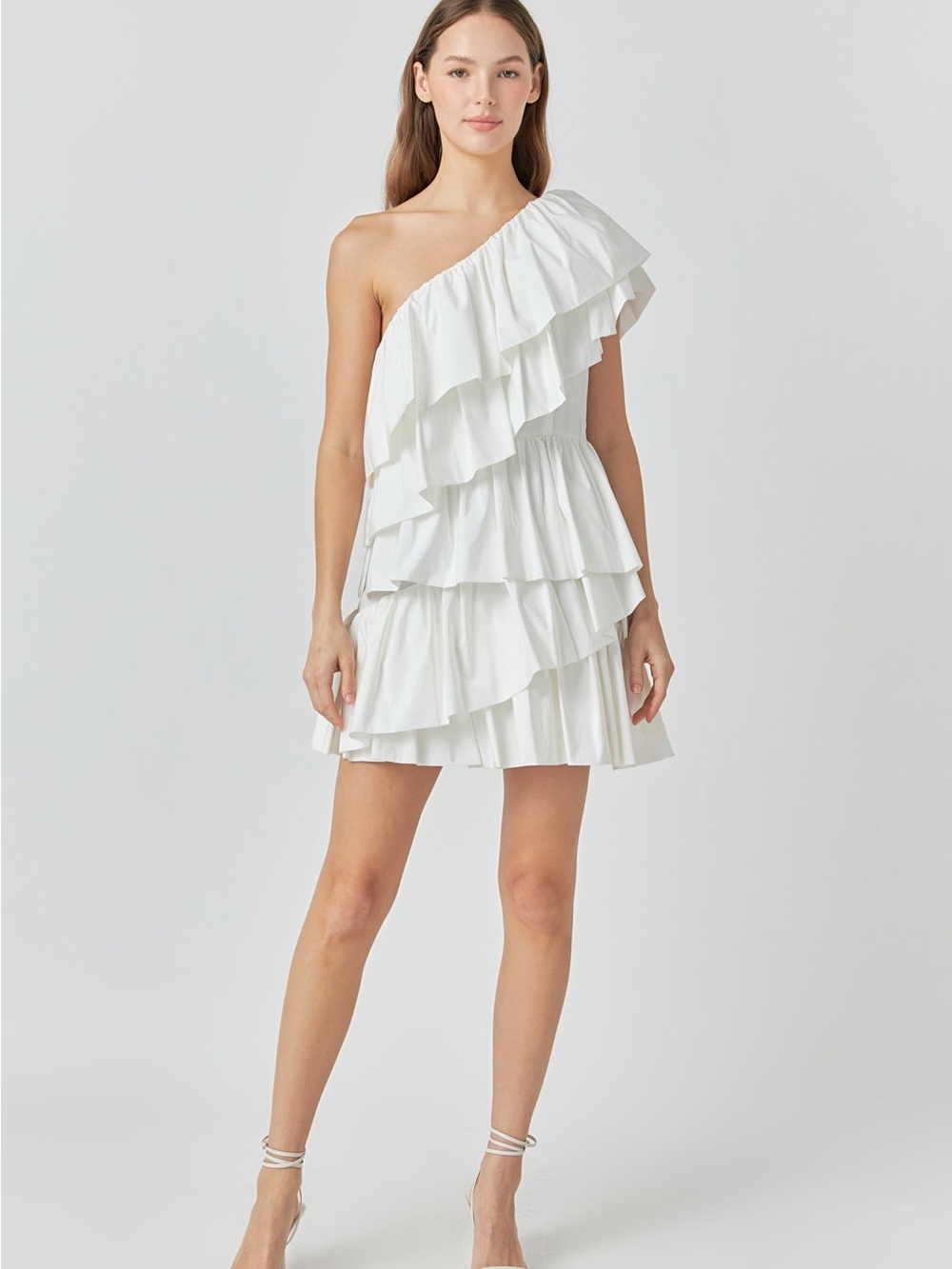 Endless Rose One-Shoulder White Ruffle Tiered Mini Dress